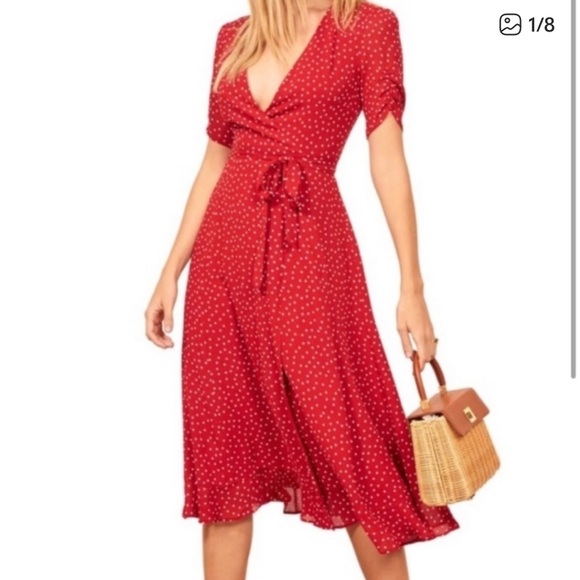 Reformation Napa Wrap Midi Dress in Red and White Polka Dot - Picture 4 of 12